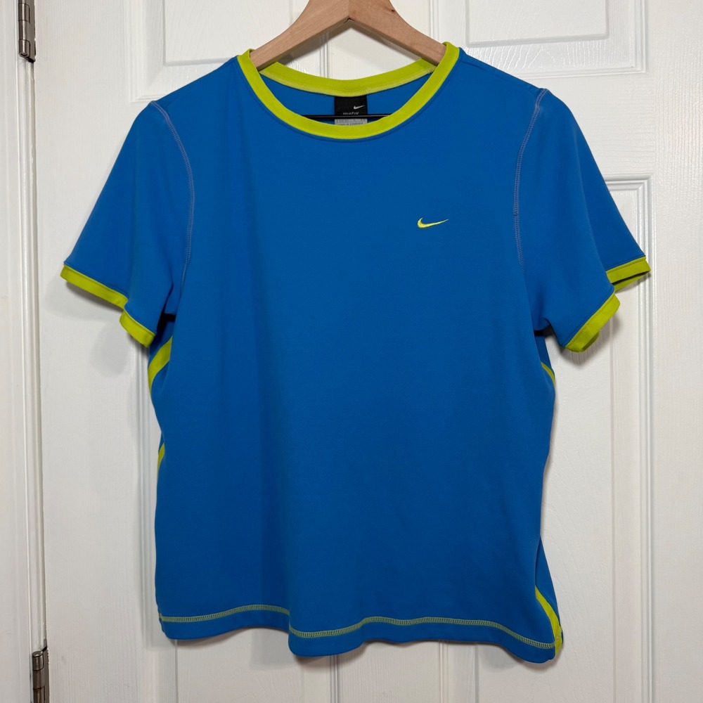 Y2K vintage Nike Dri-FIT UV Blue Lime Green Short Sleeve Athletic Shirt Womens L